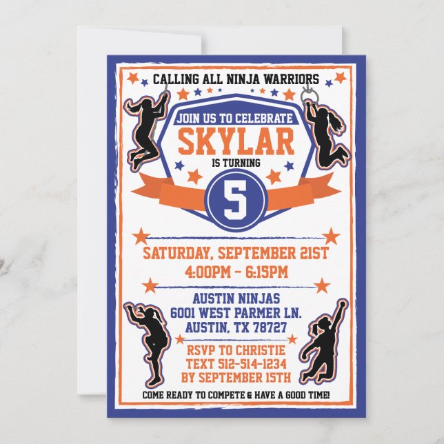 Invitation Ninja Guerrier Filles Bleu & Orange fête d'anniver (Devant)