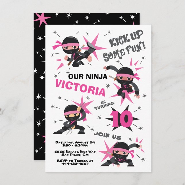 Invitation Ninja Karate Fille guerrière fête d'anniversaire (Devant / Derrière)