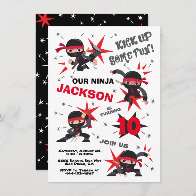 Invitation Ninja Karate Guerrier fête d'anniversaire (Devant / Derrière)