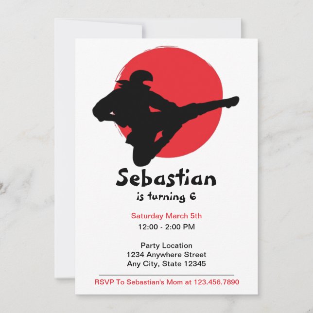 Invitation Ninja mignonne Anniversaire Rouge et Noir (Devant)