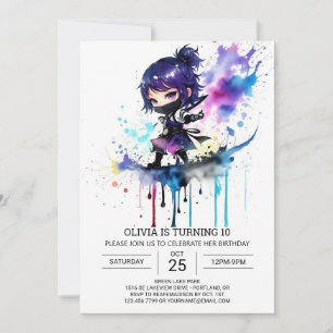 Invitation Ninja Watercolor Girl Anniversaire