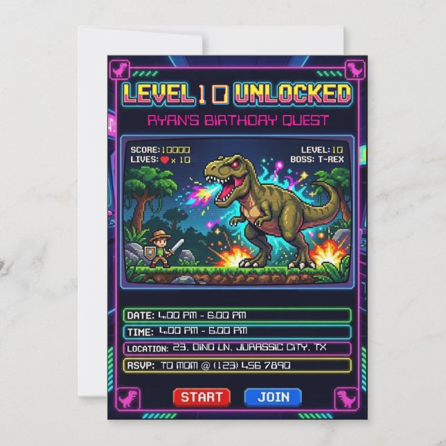 Invitation Niveau 10 Jeu d'Arcade Garçons Anniversaire T Rex (Devant)