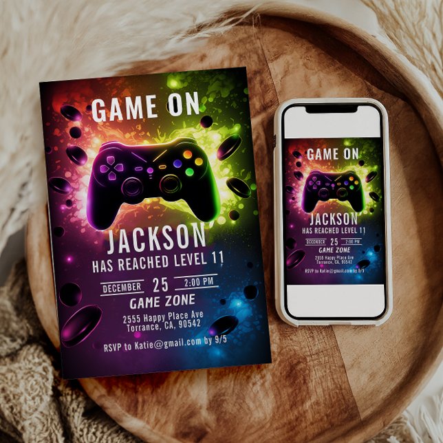 Invitation Niveau supérieur ! Jeu vidéo Neon fête d'anniversa (Créateur téléchargé)