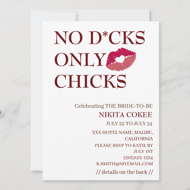 Invitation No D*cks Seulement Les Poussins Bachelorette Week- (Devant)