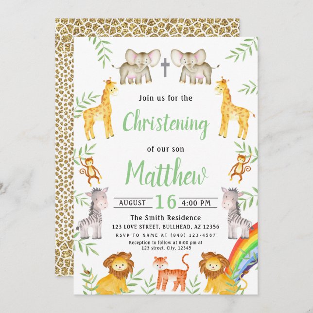 Invitation Noahs Ark Animal Rainbow Watercolor Christing (Devant / Derrière)