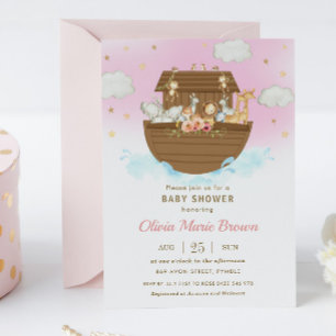 Invitation Noah's Ark Cute Animals Baby shower rose fille