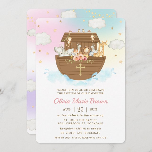 Invitation Noah's Ark Cute Animaux Fille Baptême Christening (Devant / Derrière)