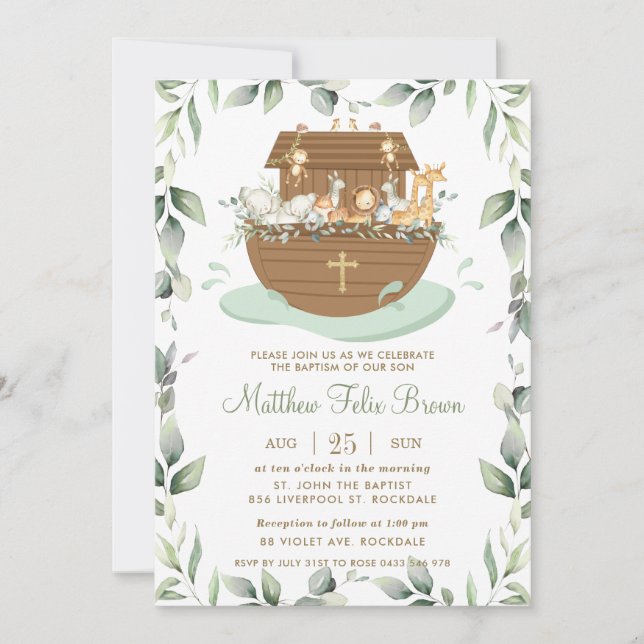 Invitation Noah's Ark Greenery Baptism Christening Neutral (Devant)