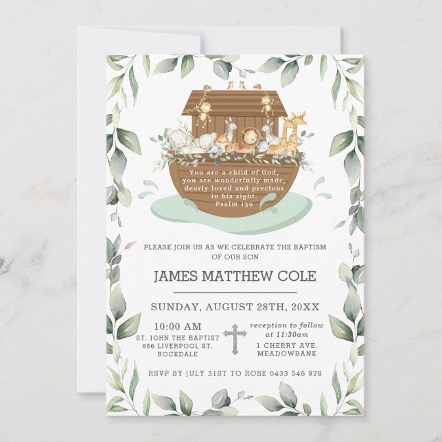 Invitation Noah's Ark Greenery Baptism Christening Neutral In (Devant)