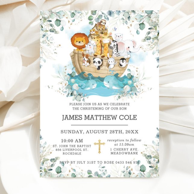 Invitation Noah's Ark Greenery Genre Baptême neutre (Créateur téléchargé)