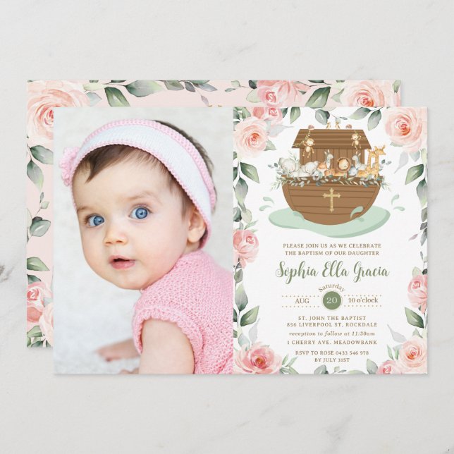 Invitation Noah's Ark rose Floral Girl Baptism Christening (Devant / Derrière)