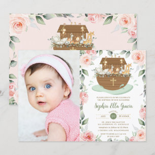 Invitation Noah's Ark rose Floral Girl Baptism Christening