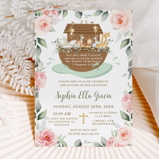 Invitation Noah's Ark Roses Roses Roses Rose Verdure Baptême  (Lovely Noah's ark pink floral greenery girl baptism christening invitation cards )