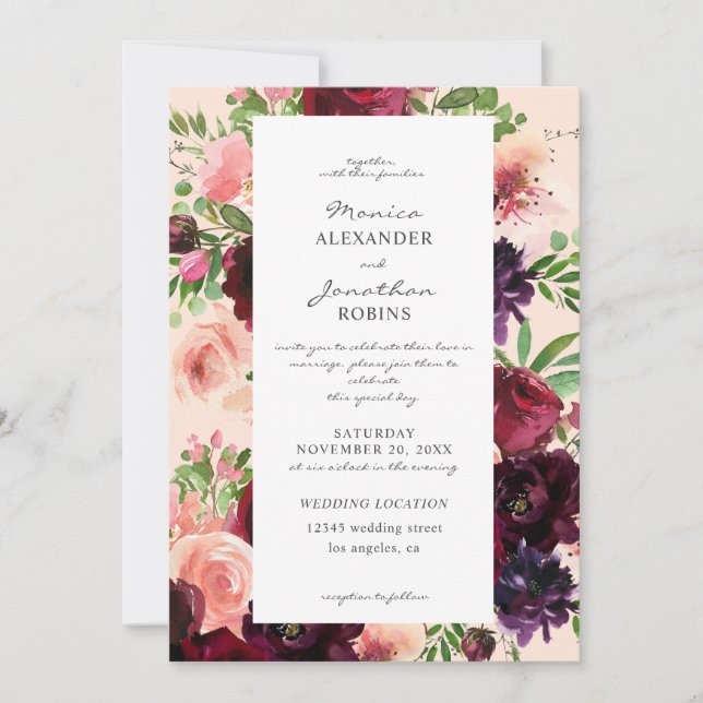 Invitation Noce Florale Bourguignon & Blush sur Rose (Devant)