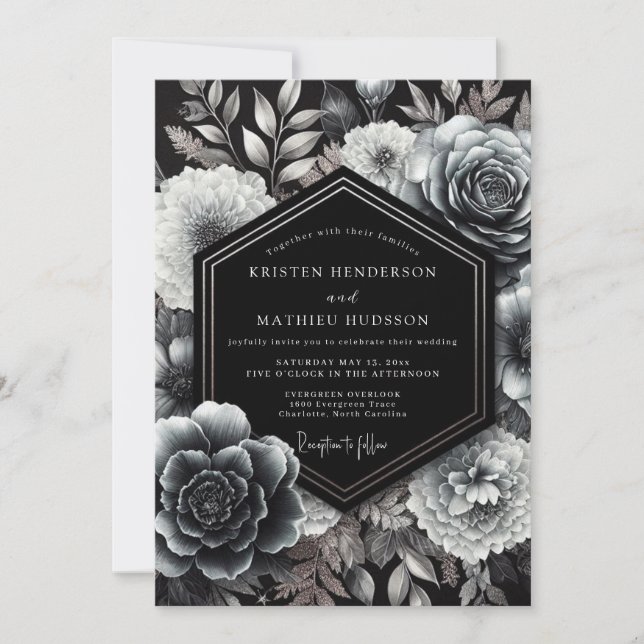 Invitation Noce Nocturne Floral au Charbon (Devant)