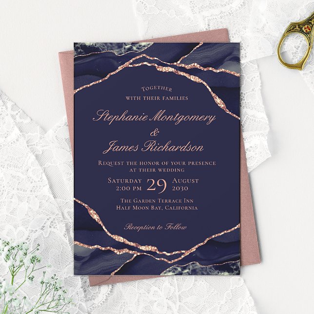 Invitation Noces Agate Navy Rose Or Élégant (Créateur téléchargé)