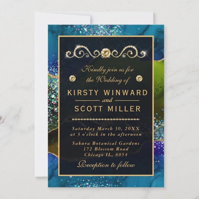 Invitation Noces Agate Paon Bleu & Vert et paillettes d'or (Devant)