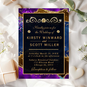 Invitation Noces Agate Paon Bleu & Violet et paillettes d'or