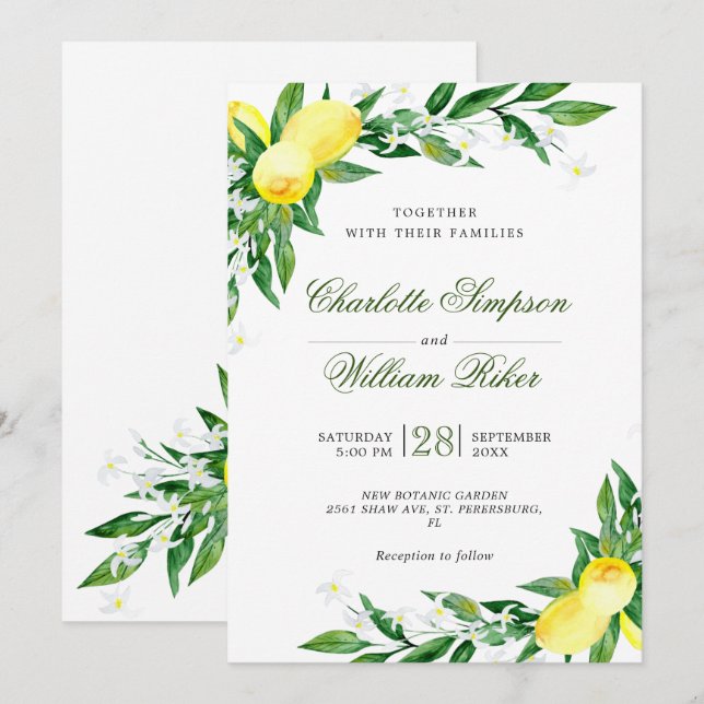 Invitation Noces aquarelle de verdure de floraison de citrons (Devant / Derrière)