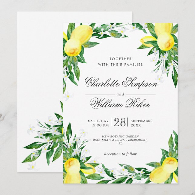 Invitation Noces aquarelle de verdure de floraison de citrons (Devant / Derrière)