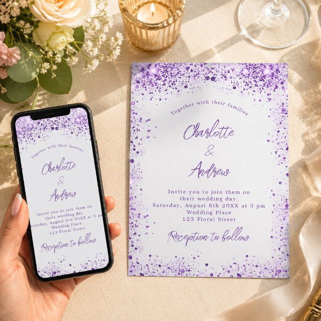 Invitation Noces argent violet pourpre scintillations (Créateur téléchargé)