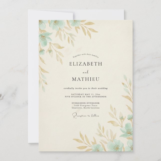 Invitation Noces au feuillage de eucalyptus gris et or mousse (Devant)