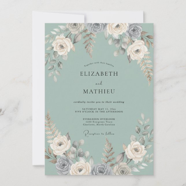 Invitation Noces au feuillage d'eucalyptus gris écume de mer (Devant)
