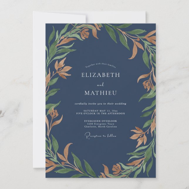 Invitation Noces au feuillage d'eucalyptus ocre ardoise (Devant)