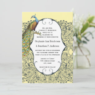 Invitation Noces au motif de perruches Navy et Moutarde