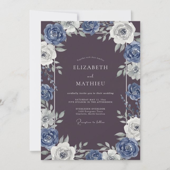 Invitation Noces au Pétales d'Acier et de Prune (Devant)