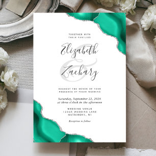 Invitation Noces aux coins en agate argent vert écume de mer