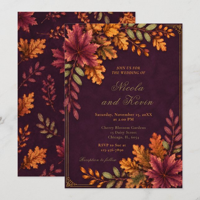 Invitation Noces aux Feuilles d'Automne Rouge Profond (Devant / Derrière)