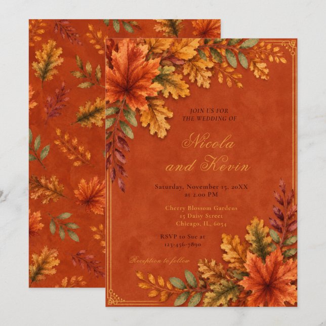 Invitation Noces aux Feuilles d'Automne Terracotta (Devant / Derrière)