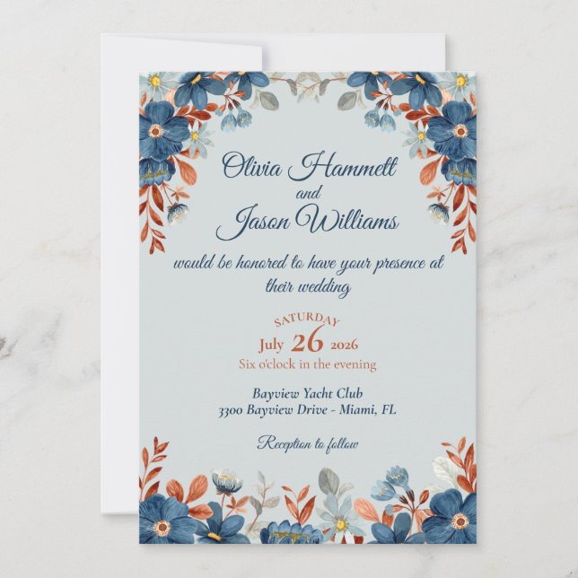 Invitation Noces Bleu Barbeau et Cuivre (Devant)