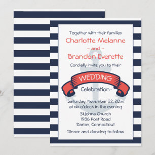 Invitation Noces Bleu Nuit Marin Rayures Blanches Ancre