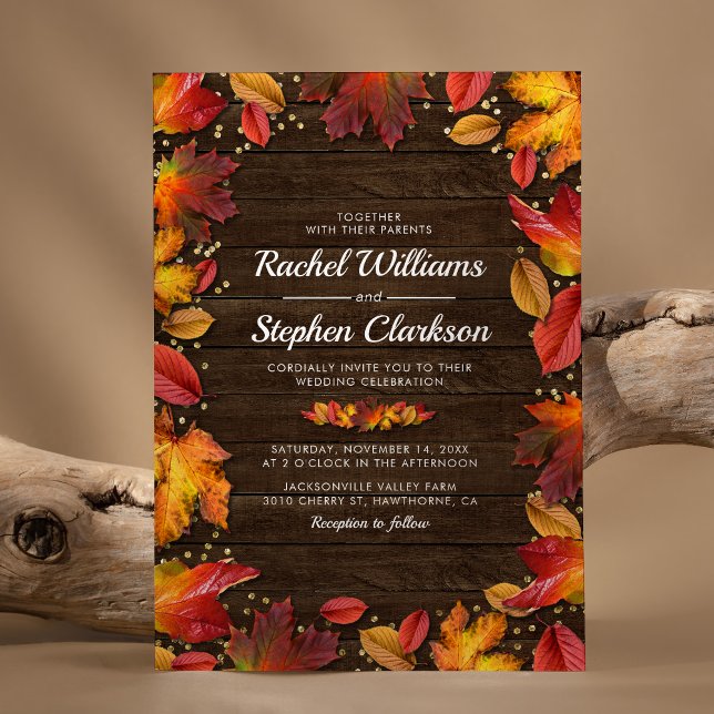 Invitation Noces Bois Rustique Automne Feuilles Or (Créateur téléchargé)