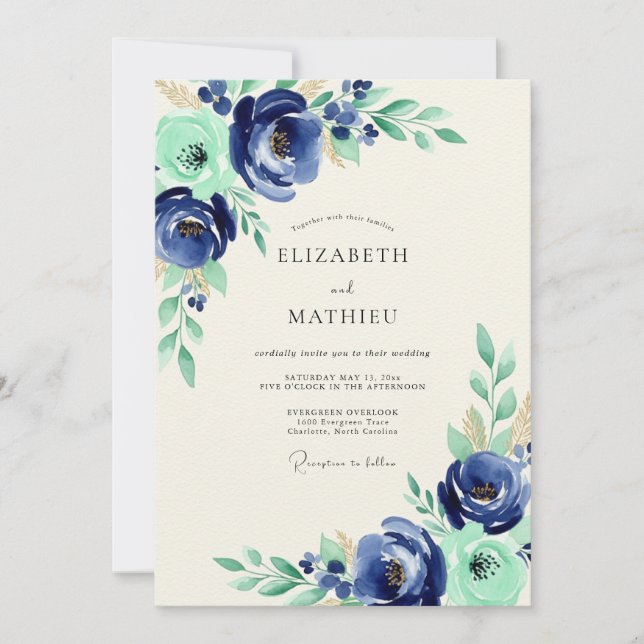Invitation Noces Botaniques Navy Mint Bliss (Devant)