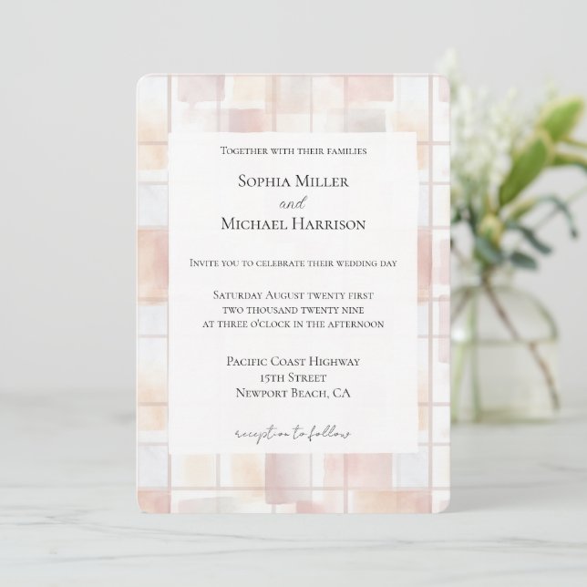 Invitation Noces Carrés Rose Pêche (Debout devant)