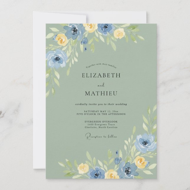 Invitation Noces Céladon Azuré Ranunculus Eucalyptus Poussiér (Devant)