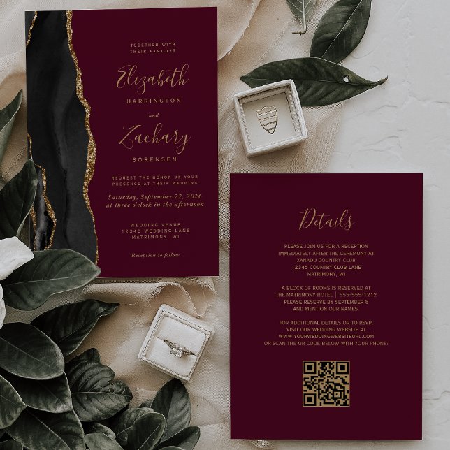 Invitation Noces Code QR Agate Or Noir Rouge Bourgogne (Créateur téléchargé)