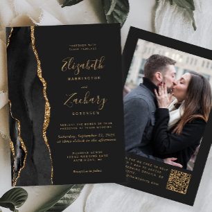 Invitation Noces Code QR Photo Foncé Agate Or Noir
