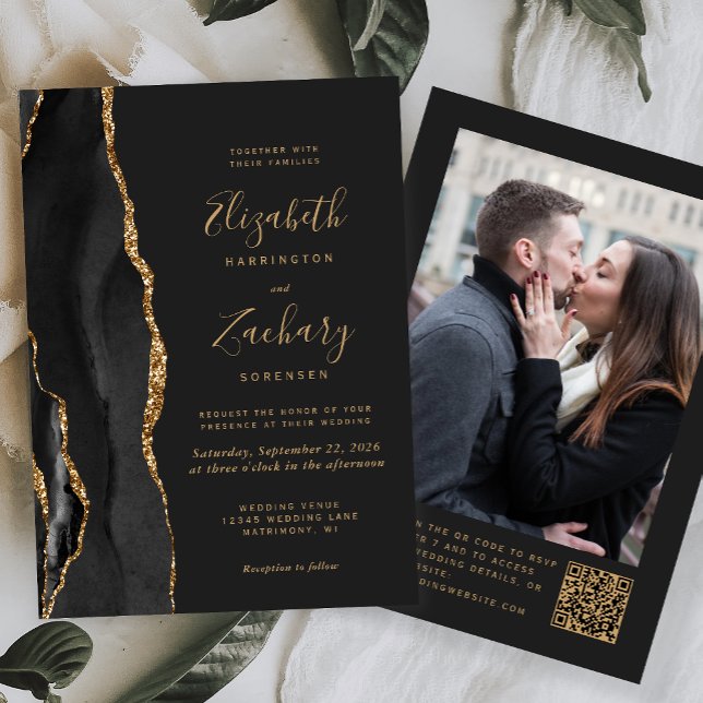 Invitation Noces Code QR Photo Foncé Agate Or Noir (Créateur téléchargé)