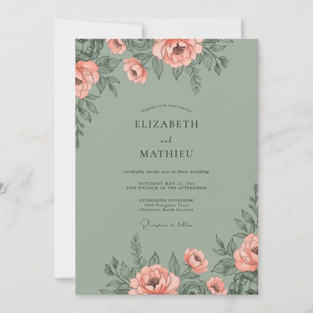 Invitation Noces Corail Olive Pivoine (Devant)
