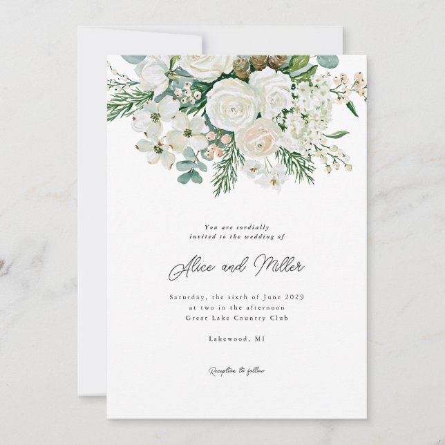 Invitation Noces Cornouiller et Épicéa Roses Blanches d'Hiver (Devant)