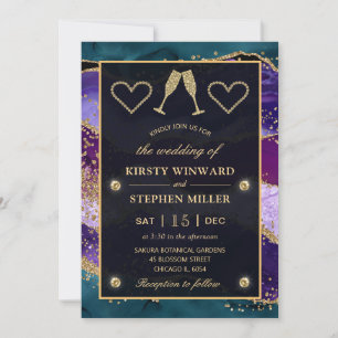 Invitation Noces d'Agate Paon Bleu-vert, Violet et Or
