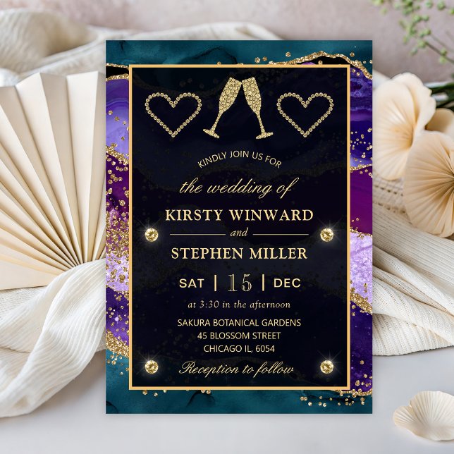 Invitation Noces d'Agate Paon Bleu-vert, Violet et Or (Créateur téléchargé)