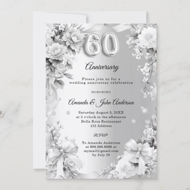 Invitation noces d'argent 60 ans fleurs rubans (Devant)