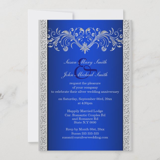 Invitation Noces d'argent bleu florale (Devant)