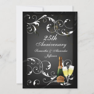 Invitation Noces d'argent Champagne Anniversaire Noir et Blan
