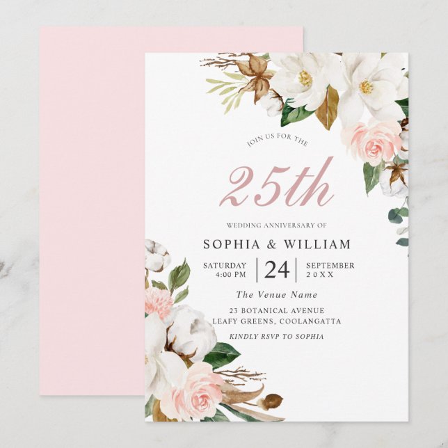 Invitation Noces d'argent de 25 ans de mariage Fleurs roses e (Devant / Derrière)